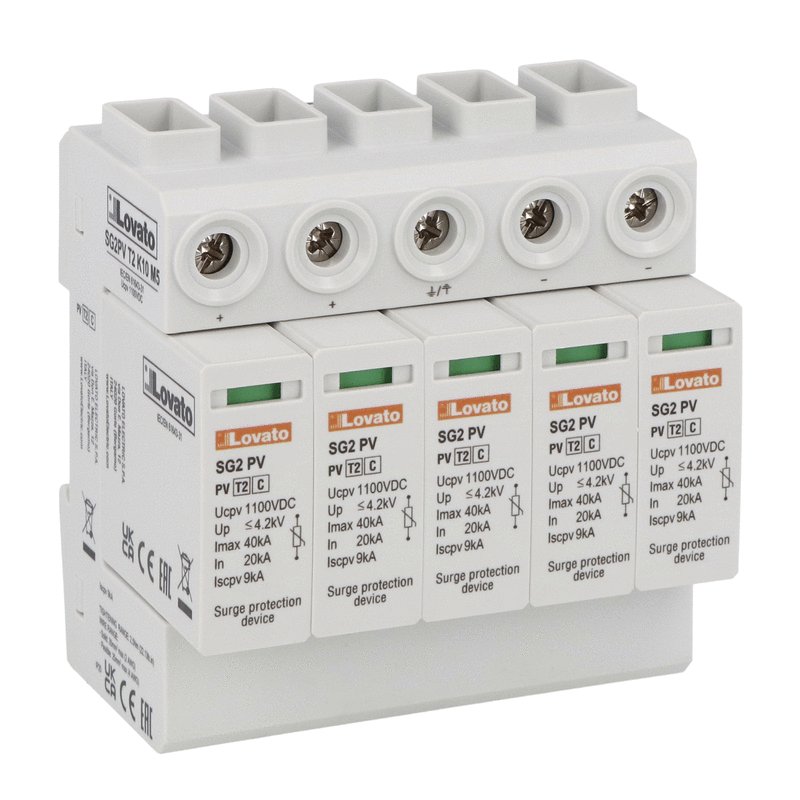 Surge protection device type 2 with plug-in cartridge for two strings PV applications, 1100VDC, IEC rated discharge current In (8/20μs) 20kA per pole. Without remote contact