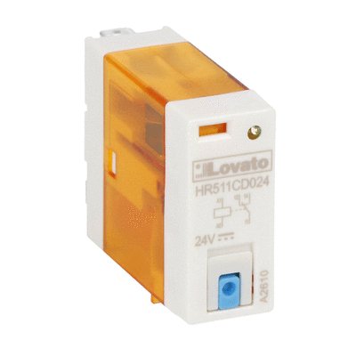 Miniature relay with LED state indicator and mechanical actuator, 24VDC, 16A, 1C/O contact, with flat pin terminals. Fitting on sockets HR5XS211 or HR5XS211S