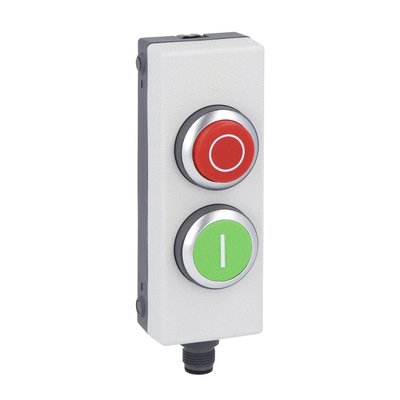 Control station for 40mm profile rails with red extended illuminated pushbutton with "O" symbol spring return, 5...35VAC/DC, 1NC and green flush illuminated pushbutton with "I" symbol spring return, 5…35VAC/DC, 1NO