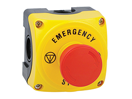 Yellow control station LPZP1A5 complete with mushroom pushbutton turn-to-release LPCB6644 1NC and "EMERGENCY/STOP" disk