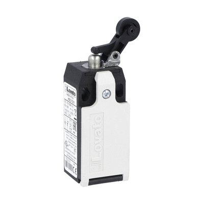 Limit switch, K series, roller side push lever, 1 bottom cable entry. Dimensions to EN 50047, plastic body, contacts 1NO+1NC snap action. Plastic roller