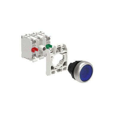 KIT plastic illuminated button actuator, spring return, flush, blue with mounting adapter and 2 contact elements, 1NO+1NC. Screw termination. LED integrated lamp-holder, steady light, 12...30VAC/DC