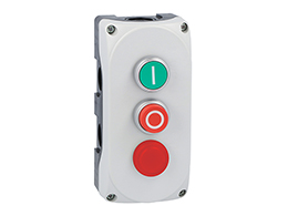 Grey control station LPZP3A8 complete with green flush pushbutton "I" LPCB1113 1NO, red extended pushbutton "O" LPCB2104 1NC and red pilot light 24V