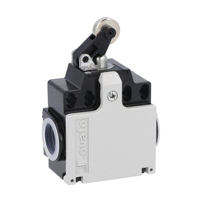 Limit switch, K series, roller centre push lever, 2 side cable entry. Dimensions compatible to EN 50047, metal body, contacts 2NC snap action. Metal roller