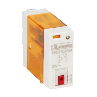 Miniature relay with LED state indicator and mechanical actuator, 110VAC, 16A, 1C/O contact, with flat pin terminals. Fitting on sockets HR5XS211 or HR5XS211S