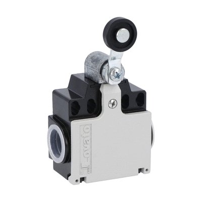 Limit switch, K series, roller lever plunger, 2 side cable entry. Dimensions compatible to EN 50047, metal body, contacts 1NO+1NC snap action. Plastic roller