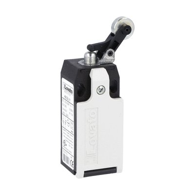 Limit switch, K series, roller side push lever, 1 bottom cable entry. Dimensions to EN 50047, plastic body, contacts 1NO+2NC slow action. Metal roller