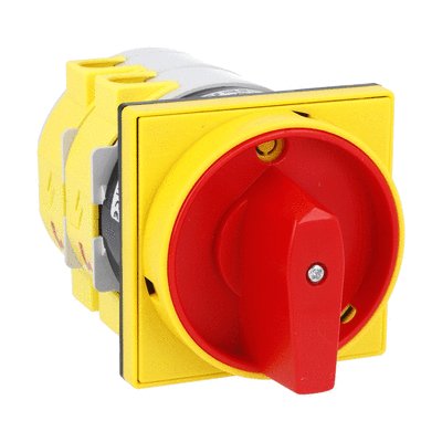 Rotary cam switch 7GN series, ON-OFF switch 4 poles 125A, for front mounting with red/yellow handle padlockable in 0 and protection covers, front plate 90X90mm