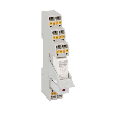 Assembled miniature relay, 24VDC, 8A, 2C/O contact. Push-in terminals with retain/release clip and suppressor filter
