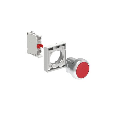 KIT metal pushbutton actuator, spring return, flush, red with mounting adapter and 1 contact element, NC. Screw termination