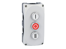 Grey control station LPZP3A8 complete with white flush pushbutton "I" LPCB1118 1NO, red flush pushbutton "O" LPCB1104 1NC and white flush pushbutton "II" LPCB1128 1NO