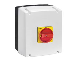 Switch disconnector, for photovoltaic applications, IEC/EN IP65 enclosed, with red/yellow handle, 32A 1000V. Enclosure dimensions: 175x210x99mm/6.9x8.3x3.9''