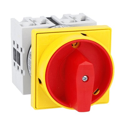 Rotary cam switch GX series, ON-OFF switch 2 poles 32A, for front mounting with red/yellow handle padlockable in 0 and protection covers, front plate 65X65mm