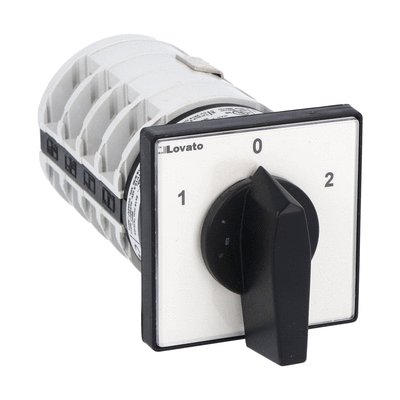 Rotary cam switch 7GN series, Dahlander motor control switch 1-0-2, 63A, for front mounting with black handle, front plate 65X65mm