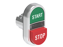 Double-touch actuator, spring return, white indicator Ø22mm Platinum series metal, 1 extended and 1 flush pushbuttons. Both spring return, Green - Red/START - STOP