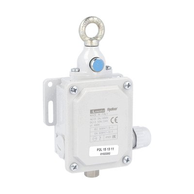 Rope-pull lever limit switch for emergency stopping, ISO 13850 compliant, with RESET button. Contacts 2NO+2NC. 120N operating force