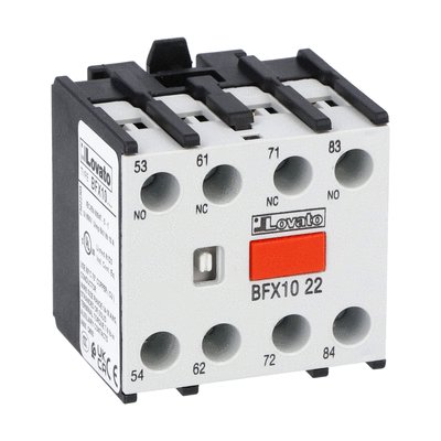 Auxiliary contact with front centre mounting. Screw terminals, for BF00, BF09...BF150 series contactors, 2NO+2NC; with mirror and mechanically linked contact function