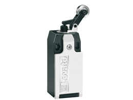 Limit switch, K series, roller side push lever, 1 bottom cable entry. Dimensions to EN 50047, metal body, contacts 1NO+1NC slow action make before break. Plastic roller