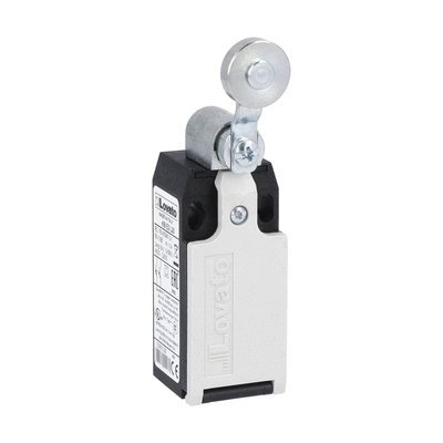 Limit switch, K series, roller lever plunger, 1 bottom cable entry. Dimensions to EN 50047, plastic body, contacts 1NO+1NC slow action make before break. Metal roller
