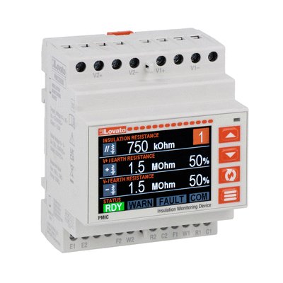 Insulation monitoring device for DC electric vehicle charging stations. Dual channel, with display and built-in RS485 port. Maximum monitored voltage 1200VDC, auxiliary supply voltage 12-24VDC