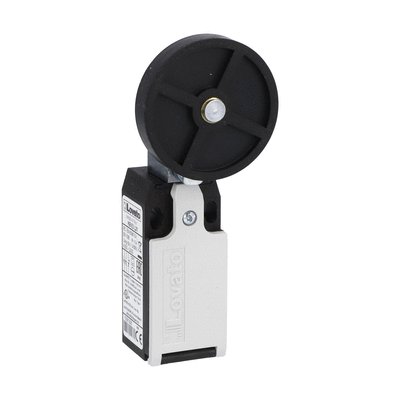 Limit switch, K series, roller lever plunger, 1 bottom cable entry. Dimensions to EN 50047, plastic body, contacts 3NC slow action. Rubber roller