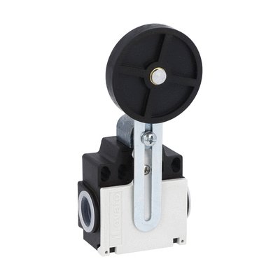 Limit switch, K series, adjustable roller lever, 2 side cable entry. Dimensions compatible to EN 50047, plastic body, contacts 2NC snap action. Rubber roller