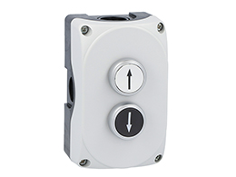 Grey control station LPZP2A8 complete with white flush pushbutton "UP ARROW" LPCB1158 1NO and black flush pushbutton "DOWN ARROW" LPCB1152 1NO