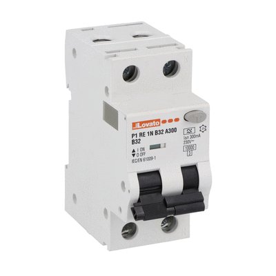 Residual current circuit breaker with overcurrent protection, 10kA. 2 modules, 1P+N - type A, curve B, 32A, 300mA