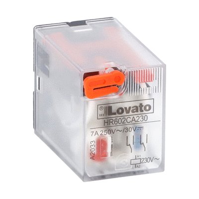 Industrial relay with LED state indicator and mechanical actuator, 230VAC, 7A, 2 C/O contact. Fitting on socket HR6XS2...