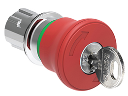 Mushroom head pushbutton actuator Ø22mm Platinum series metal, latch, turn key to release, Ø40mm. For emergency stopping. ISO 13850. Red. Different key code