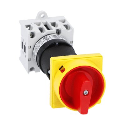 Rotary cam switch GX series, ON-OFF switch 4 poles 16A, for rear mounting with red/yellow handle padlockable in 0, door coupling and protection covers, front plate 48X48mm