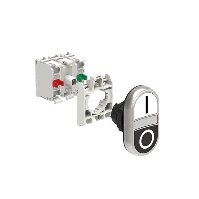 KIT plastic double-touch actuator, spring return, white indicator, 2 flush pushbuttons, White Black/I 0 with mounting adapter and 2 contact elements, 1NO+1NC. Screw termination. LED integrated lamp-holder, steady light, 12...30VAC/DC
