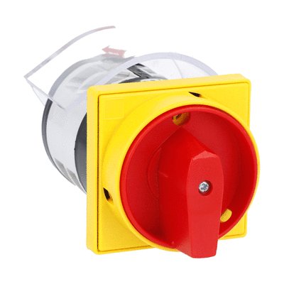 Rotary cam switch 7GN series, ON-OFF switch 4 poles 32A, for front mounting with red/yellow handle padlockable in 0 and protection covers, front plate 65X65mm
