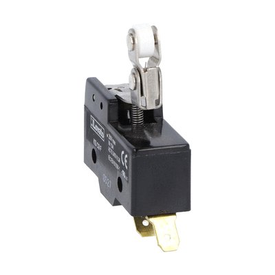 Plastic micro switch, K series, top roller push plunger. One-way roller lever. Contacts 1NO/NC. Faston terminals