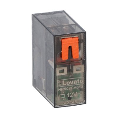 Miniature relay with LED state indicator and mechanical actuator, 12VAC, 8A, 2C/O contact. Fitting on socket HR5XS2...