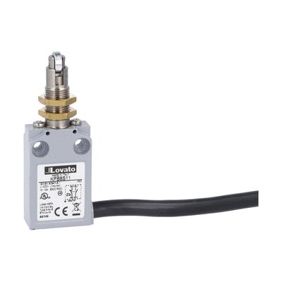 Prewired with 2m long cable metal limit switch, K series, top roller push plunger. M12 head. Contacts 1NO+1NC slow action. Roller operation perpendicular to switch body