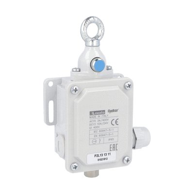 Rope-pull lever limit switch for emergency stopping, ISO 13850 compliant, with RESET button. Contacts 1NO+1NC. 120N operating force