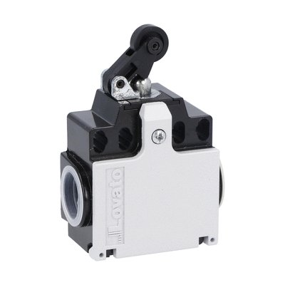 Limit switch, K series, roller centre push lever, 2 side cable entry. Dimensions compatible to EN 50047, metal body, contacts 2NO slow action. Plastic roller