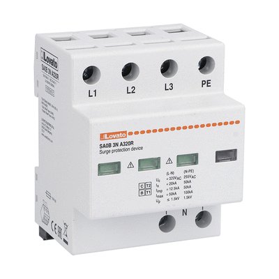 Surge protection device type 1 and 2 monoblock, IEC impulse current Iimp (10/350μs) 12.5kA per pole, 3P+N. With remote contact
