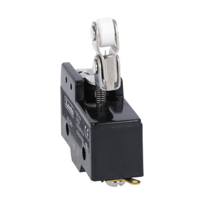 Plastic micro switch, K series, top roller push plunger. One-way roller lever. Contacts 1NO/NC. Solder terminals