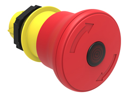 Illuminated mushroom head button actuator Ø22mm Platinum series chromed plastic, latch, turn to release, Ø40mm. For emergency stopping. ISO 13850. Red
