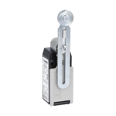 Limit switch, K series, adjustable roller lever, 1 bottom cable entry. Dimensions to EN 50047, metal body, contacts 1NO+1NC slow action. Metal roller