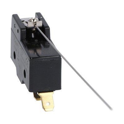 Plastic micro switch, K series, metal lever. 168.3mm/6.63in long flat cylindrical lever. Contacts 1NO/NC. Faston terminals