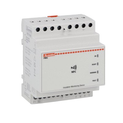 Insulation monitoring device for DC electric vehicle charging stations. Single channel, without display, with NFC and built-in RS485 port. Maximum monitored voltage 1200VDC, auxiliary supply voltage 12-24VDC