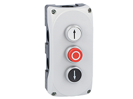 Grey control station LPZP3A8 complete with white flush pushbutton "UP ARROW" LPCB1158 1NO, red extended pushbutton "O" LPCB2104 1NC and white flush pushbutton "DOWN ARROW" LPCB1152 1NO