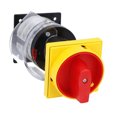 Rotary cam switch 7GN series, ON-OFF switch 2 poles 32A, for rear mounting with red/yellow handle padlockable in 0, door coupling and protection covers, front plate 65X65mm