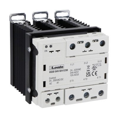 Solid state relay complete with heatsink, three-phase (3 controlled), 24A, 24…255VAC/DC, screw terminals