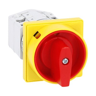Rotary cam switch GF series, ON-OFF switch 3 poles 20A, for front mounting with red/yellow handle padlockable in 0 and protection covers, front plate 48X48mm