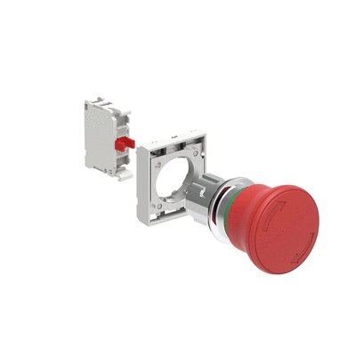 KIT metal mushroom head pushbutton actuator, latch, turn to release, Ø40mm. For emergency stopping. ISO 13850. Red with mounting adapter and 1 contact element, NC. Screw termination