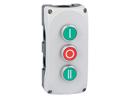 Grey control station LPZP3A8 complete with green flush pushbutton "I" LPCB1113 1NO, red flush pushbutton "O" LPCB1104 1NC and green flush pushbutton "II" LPCB1123 1NO